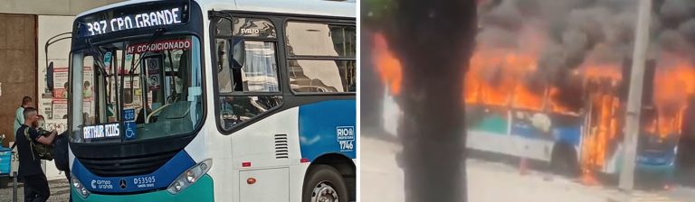 Ônibus da Campo Grande pega fogo na Avenida Brasil, nesta terça-feira, 12